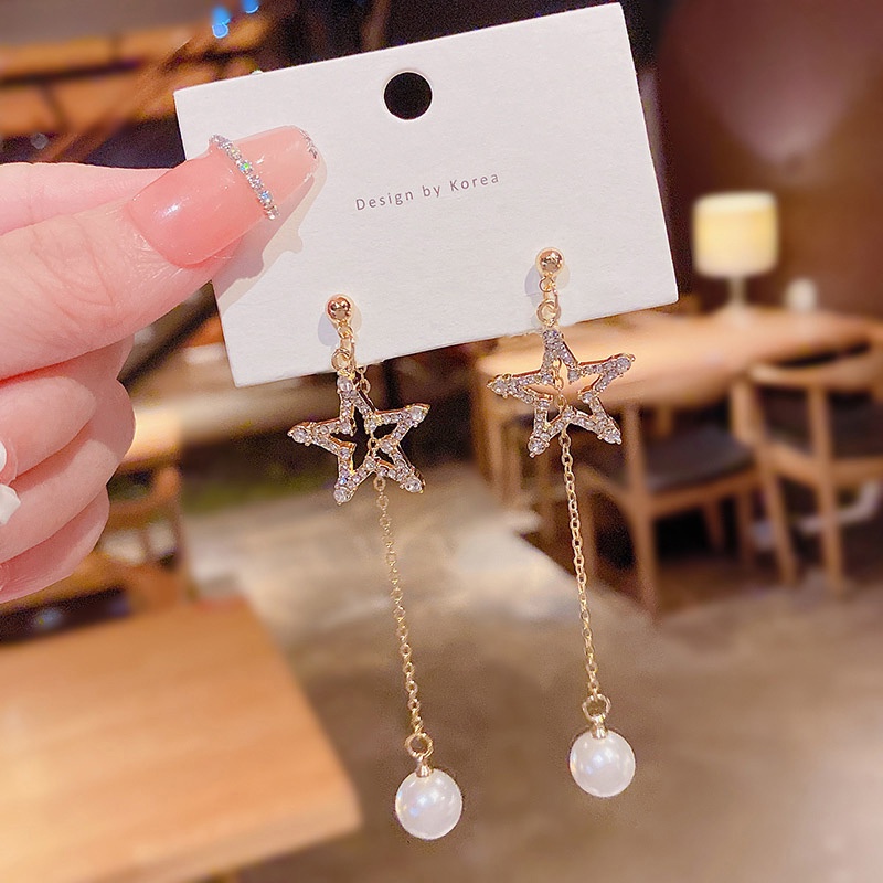 Anting Tusuk Gantung Bahan Sterling silver 925 Desain Bintang Hias Berlian Untuk Wanita