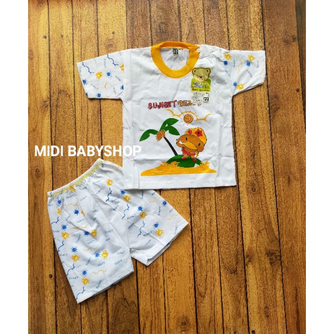 Setelan Piyama Baju Bayi Pendek Kancing Pundak 3-18 Bulan Bolo Bolo Motif Sunset Beach