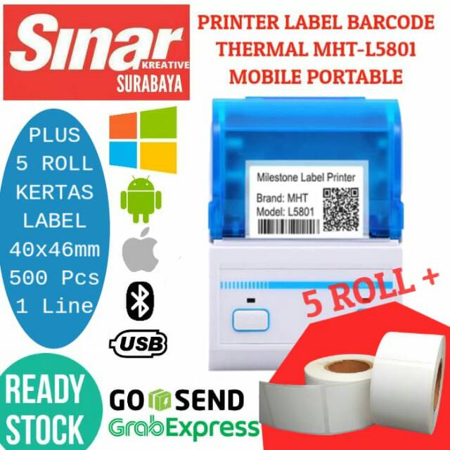 

PRINTER BARCODE LABEL 58mm THERMAL STICKER BLUETOOTH PLUS 5 ROLL KERTAS