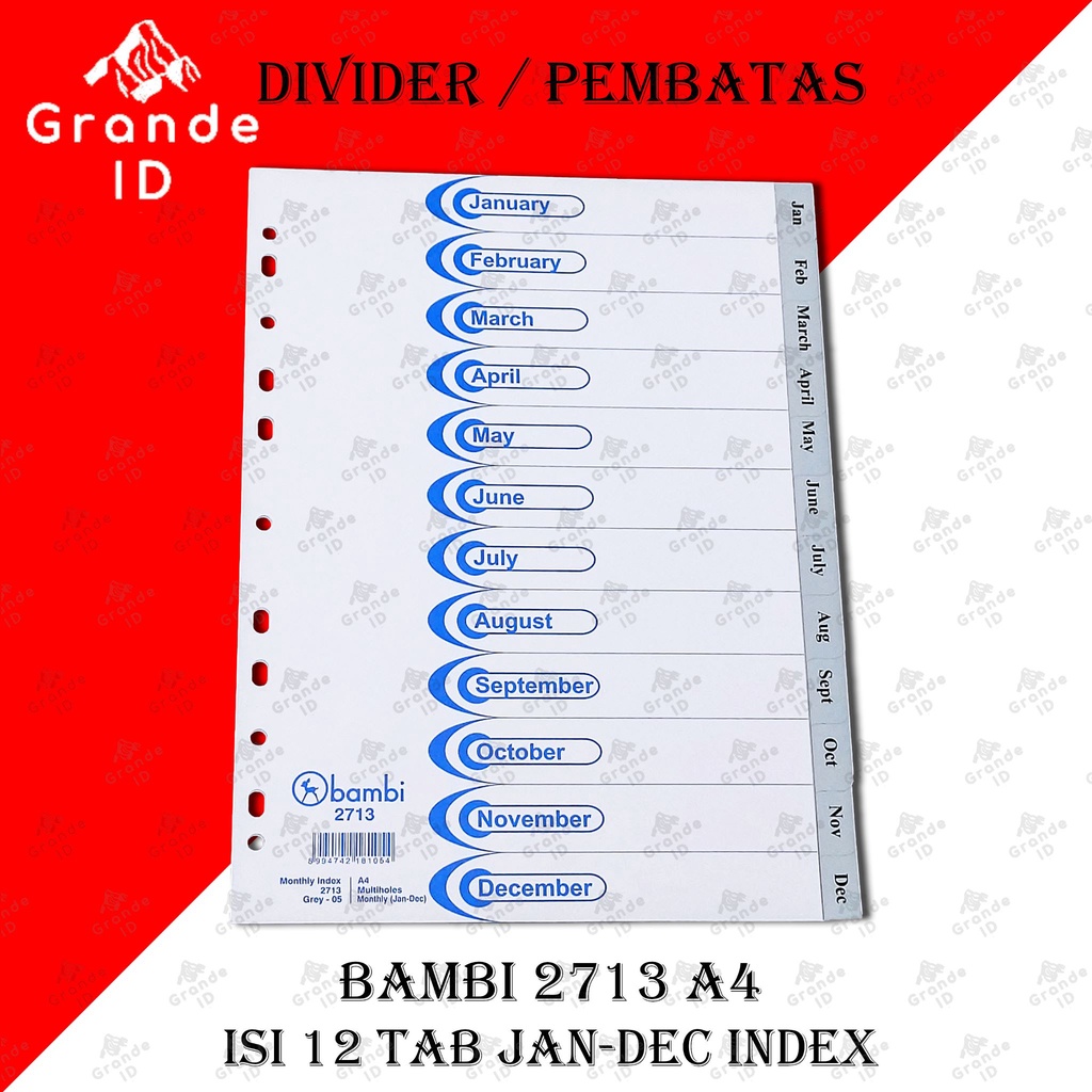 

DIVIDER BAMBI 2713 A4 ISI 12 TAB BULAN JAN-DEC INDEX PEMBATAS BINDER