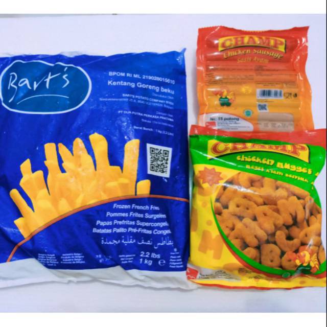 

Paket Jumbo 1 isi Kentang Shoe String Bat's Nugget Sosis Ayam Champ ABC