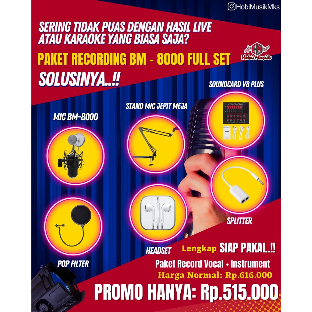 Paket Recording BM-8000 Full Set Siap Pakai Cocok Untuk Live, Karaoke,Cover Lagu Dll..