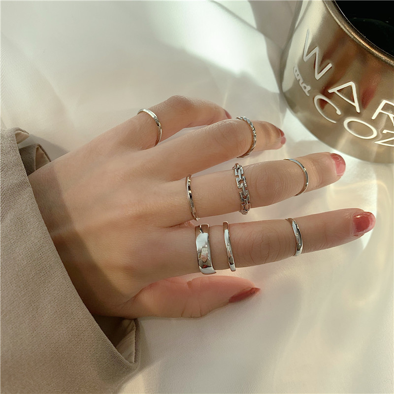 7pcs / Set Cincin Jari Model Terbuka Dapat Disesuaikan Warna Emas Gaya Korea Untuk Wanita