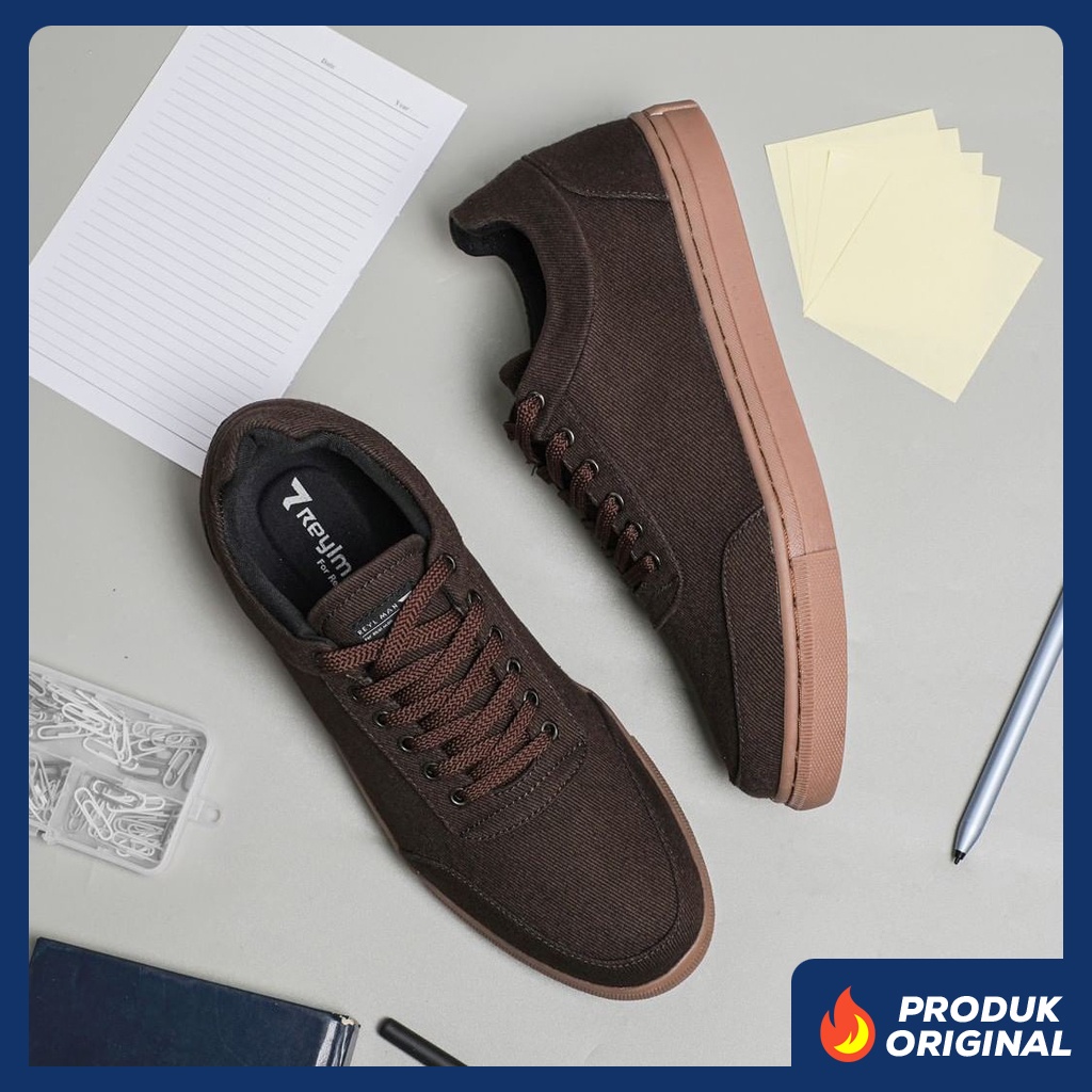 CLEV BROWN GUM ORIGINAL x REYL MAN Sepatu Sneakers Coklat Pria Kets Tali Casual Jalan Santai Hangout Main Kondangan Sekolah Kuliah Sporty Distro Fashion Simple Sport Shoes Premium Canvas Skate Footwear Big Size Jumbo Ukuran Besar 44 Keren Terbaru Branded