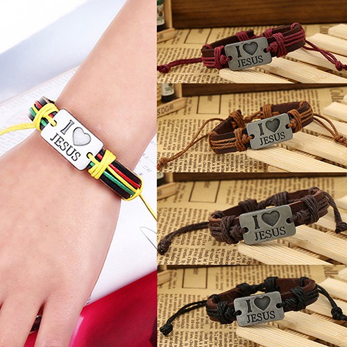 Gelang Unisex: Tulisan I LOVE JESUS Bahan Tali Kulit Rubah Imitasi Yang Dapat Diatur