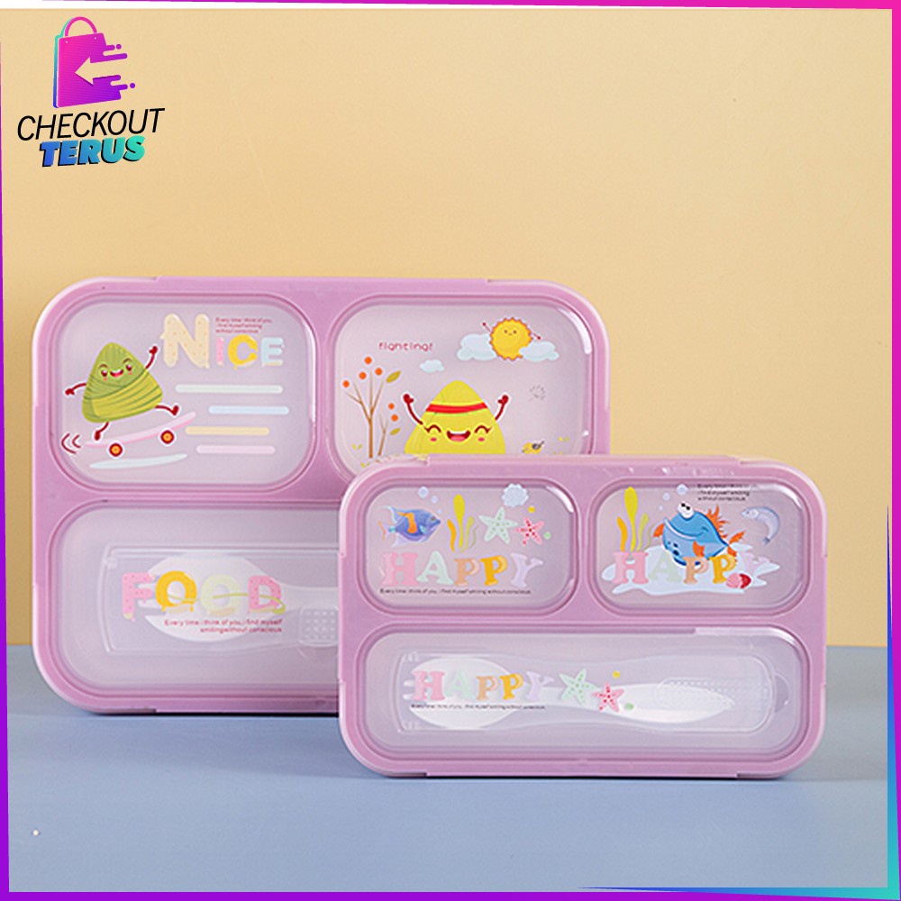 CT C448 C449 Tempat Makan Anak Set 3 Sekat Karakter Dengan Sendok Kotak Bekal Anak Motif Lucu Lunch Box BPA FREE