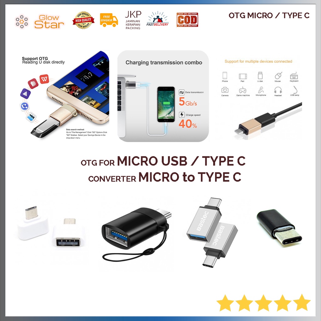 OTG Micro USB / USB Type C  ke USB Female / Micro usb to Type C Converter Konverter