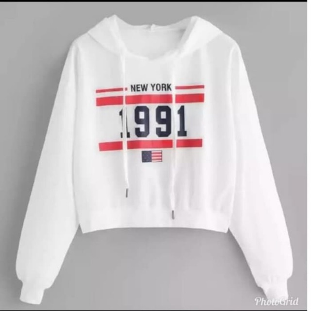 Sweater crop hoodie newyork 1991 putih fit to L