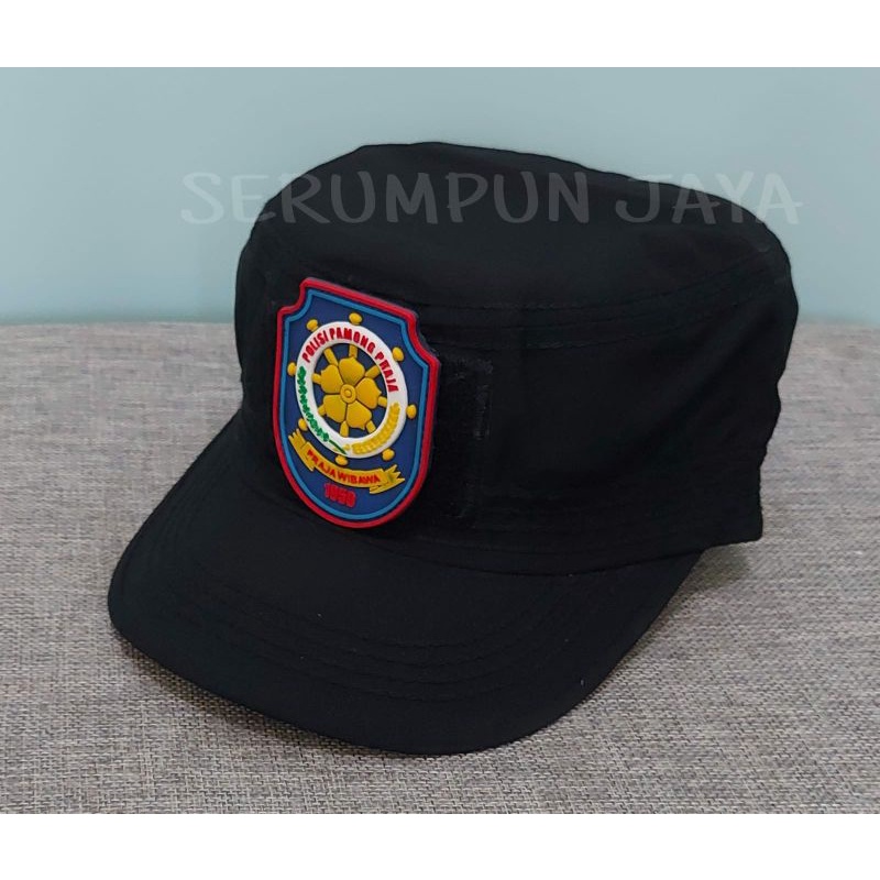 TOPI KOMANDO SATPOL PP LOGO BIRU - TOPI SATPOL PP KOMANDO VELCRO HITAM 2 PATCH