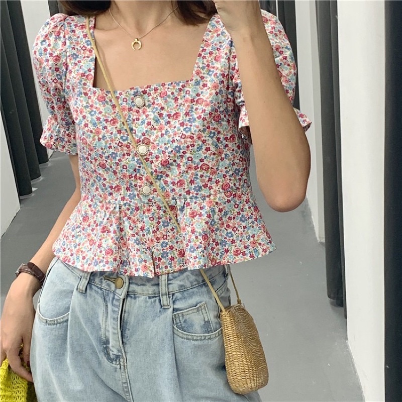 floral square neck puff sleeve crop top