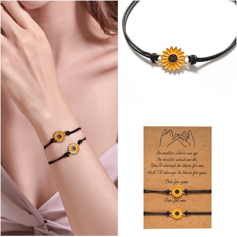 2pcs / set Gelang Persahabatan Desain Bunga Matahari Daisy Hati Dapat Disesuaikan Untuk Pasangan