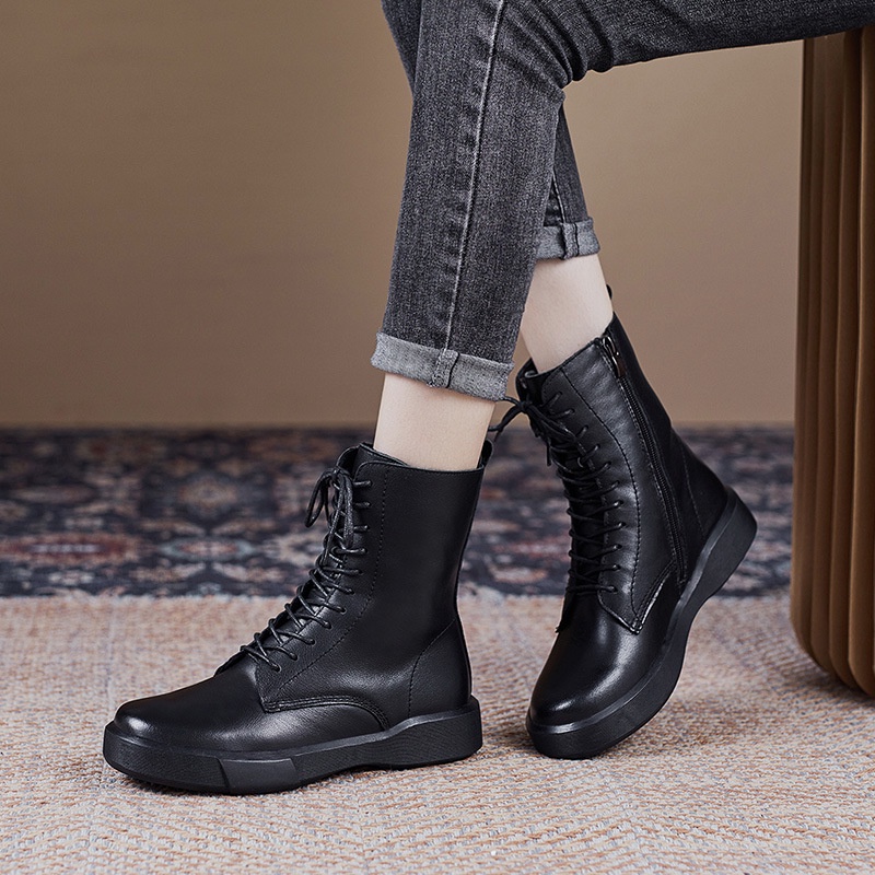 Martin Boot Cewek Wanita Lapisan Pertama Kulit Sapi Tengah Tabung Boots 2021     Renda-Up Martin Boo