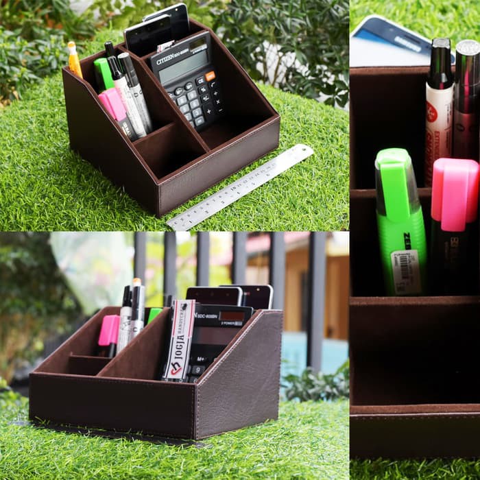 

Pen Holder Tempat Pensil & alat tulis - PU Leather desktop Stationery - Cokelat Tua