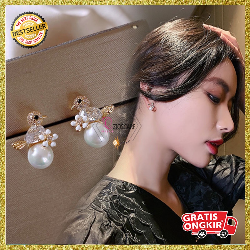ANTING KOREA WANITA TITANIUM LITTLE BIRD PEARL ZIRCON ANTING TUSUK ANTI KARAT GIWANG AKSESORIS FASHION IMPORT ANT43