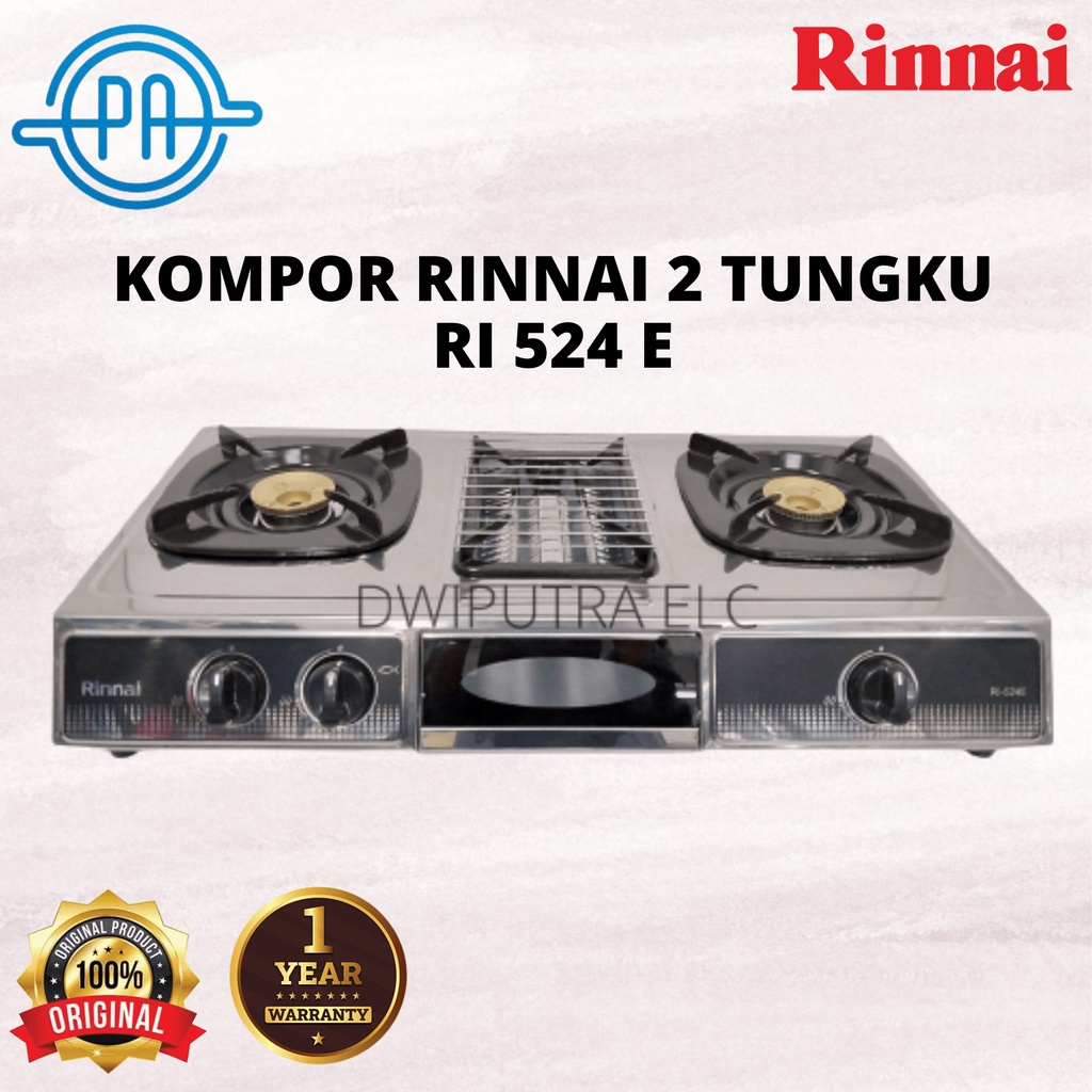 KOMPOR GAS RINNAI 3 TUNGKU RI 524 E  / RI524E WITH GRILL PAN PANGGANGAN BAKARAN STAINLESS STEEL