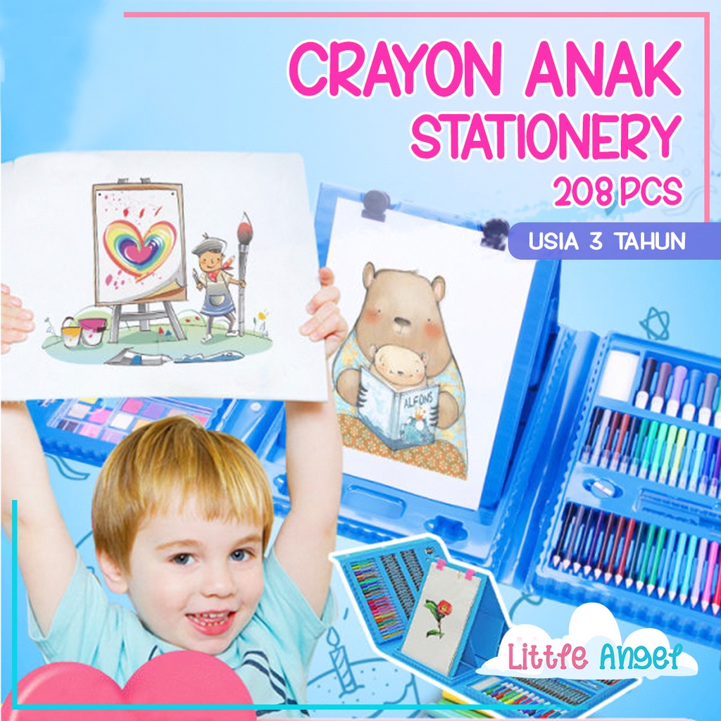 CRAYON ANAK SET 208 Koper Alat Menggambar Mewarnai Mainan Edukasi Bayi Balita Krayon Pastel Set Lengkap Aman Pensil Warna Spridol Kertas Papan Buku Gambar Murah