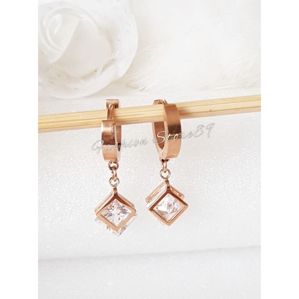 Anting Jurai Balok Permata Titanium Rosegold Silver Impor Antikarat Fashion Limited Edition