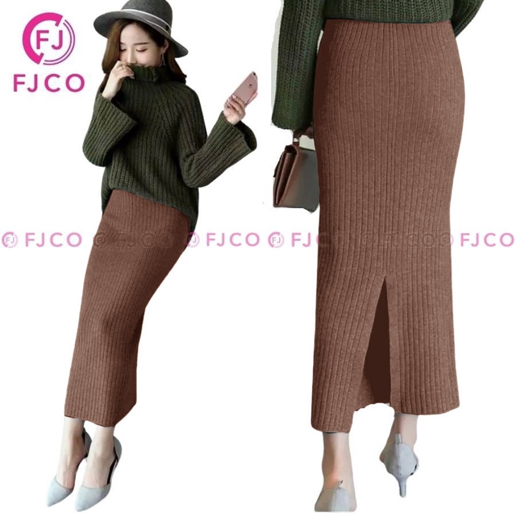 FJCO - Rok Panjang Wanita Rok Span Model Korea Terbaru Rok Rib Jessy Rok Plisket-coklat tua
