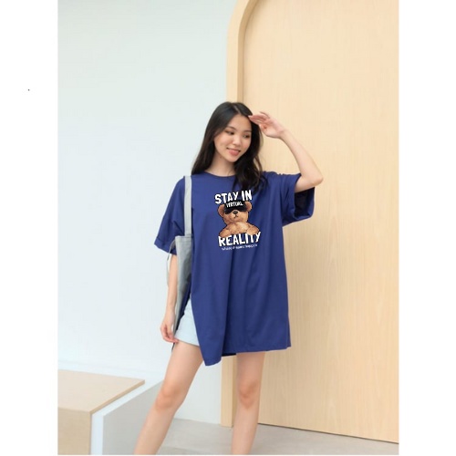 Kaos Wanita Oversize Teddy Stay Reality Jumbo Belah Samping SIze XXL