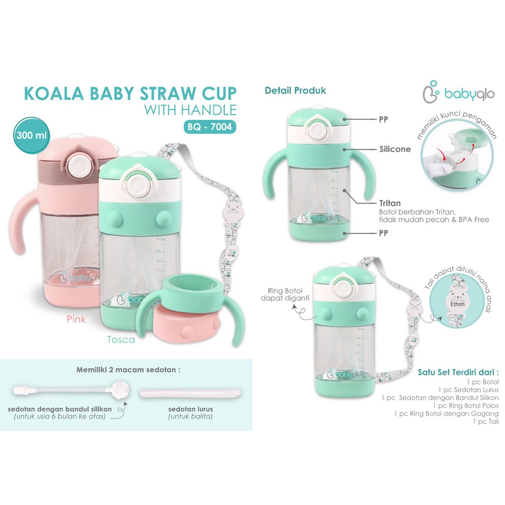 BabyQlo Koala Baby Tritan Straw Cup With Handle &amp; Strap 300ml BQ-7004