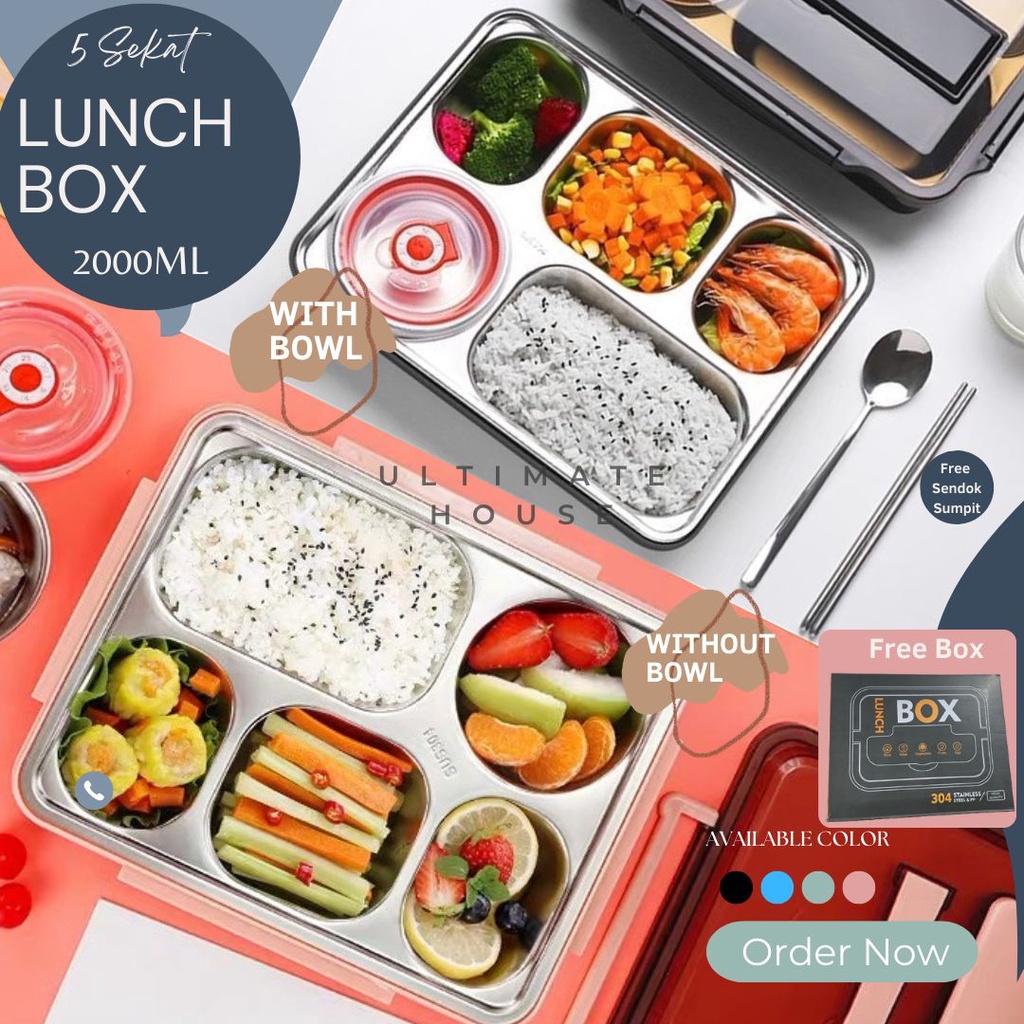 Lunch Box Kotak Tempat Makan Set 5 Sekat Stainless Anti Tumpah Dan Tahan Panas