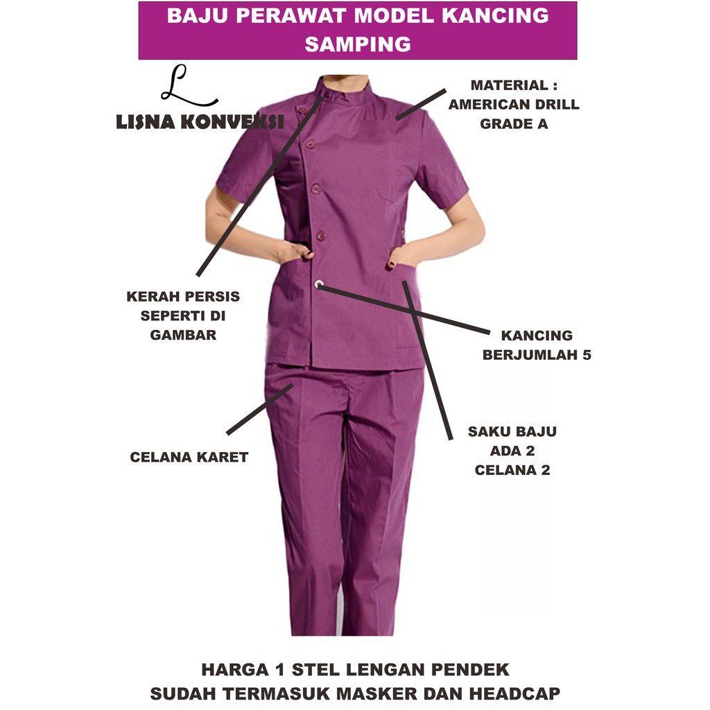 Baju Perawat/Baju Suster/Baju Praktek Rumah Sakit Lengan Pendek Kancing Samping XS-XL APD OKA