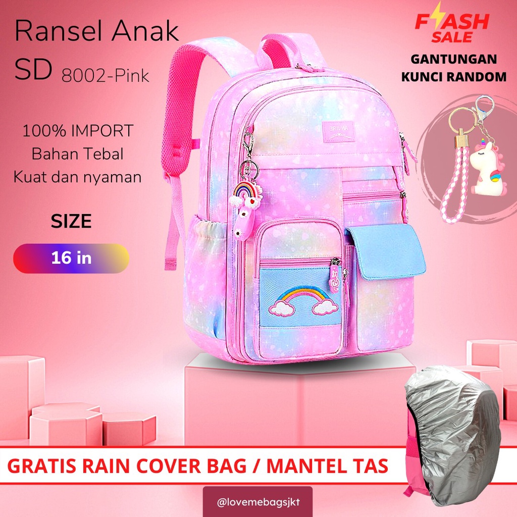 LMB Tas Anak Sekolah Perempuan SD SMP Remaja Import Bahan Premium Rainbow Bagian Depan Bisa Buka Full