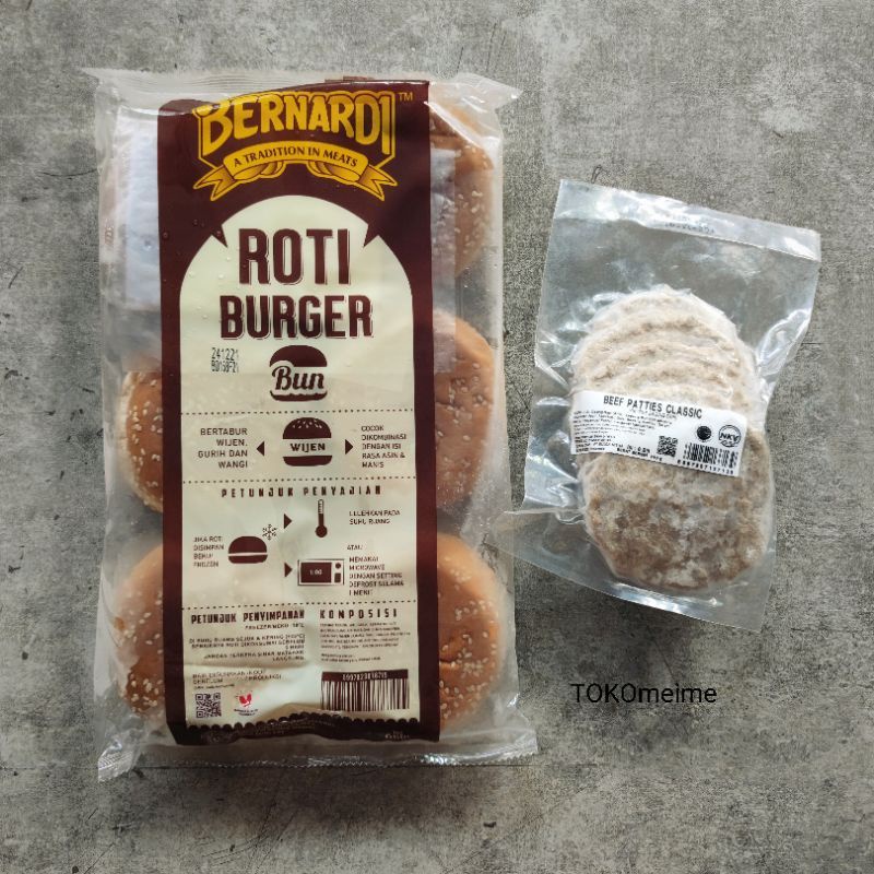 

BERNARDI paket hemat Burger 6 pcs (Roti Burger 6s tanpa wijen + Petties 6s)