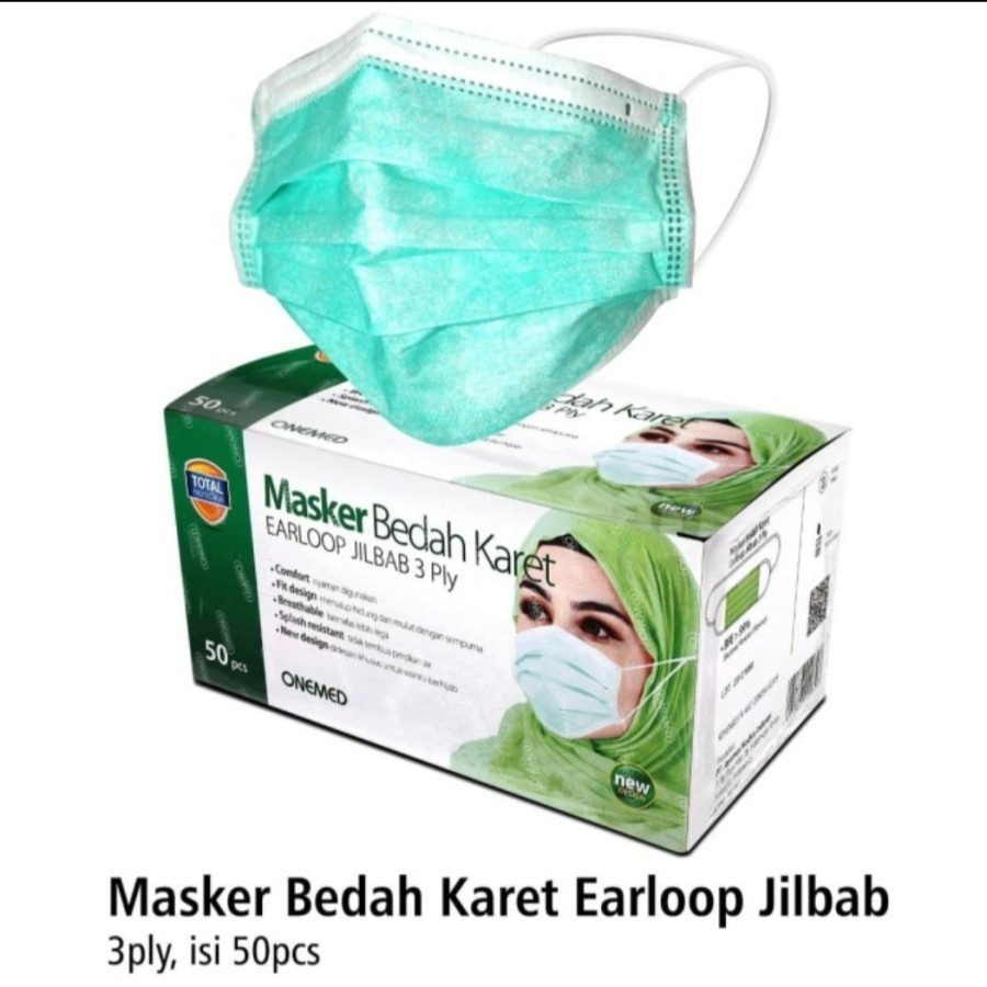 MASKER HIJAB ONEMED 3 PLY ISI 50 * Disposable / 1x pakai * 1 Box isi 5