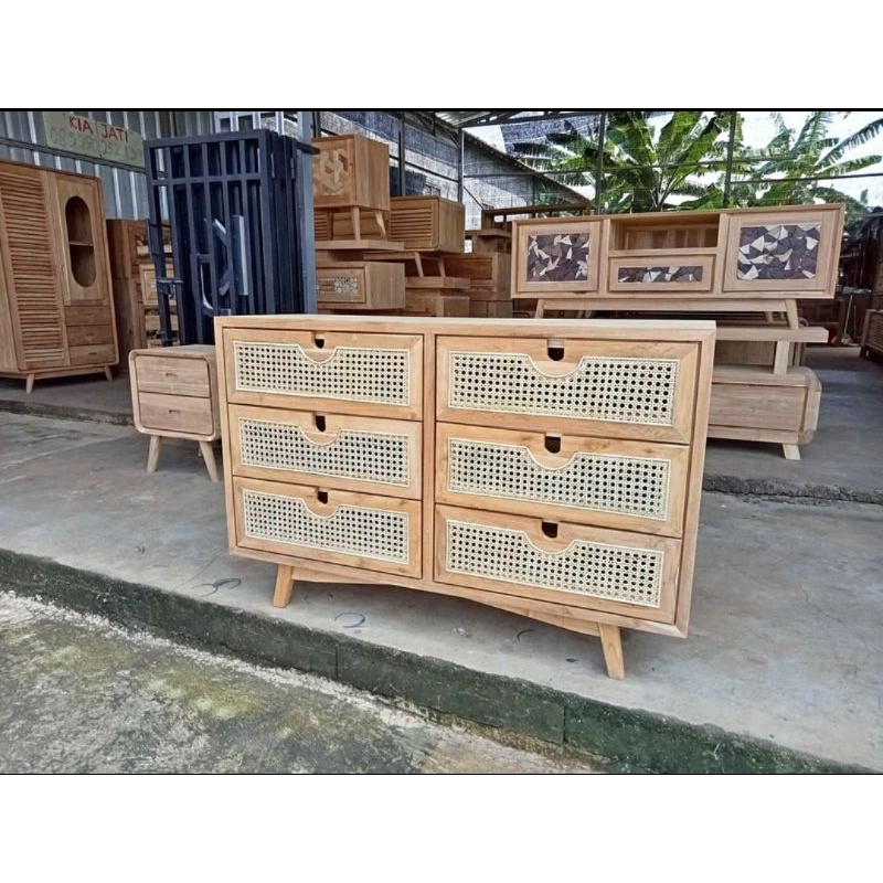 Bufet meja tv/konsol tv kombinasi rotan kayu jati ukuran 40 x 140 x 100