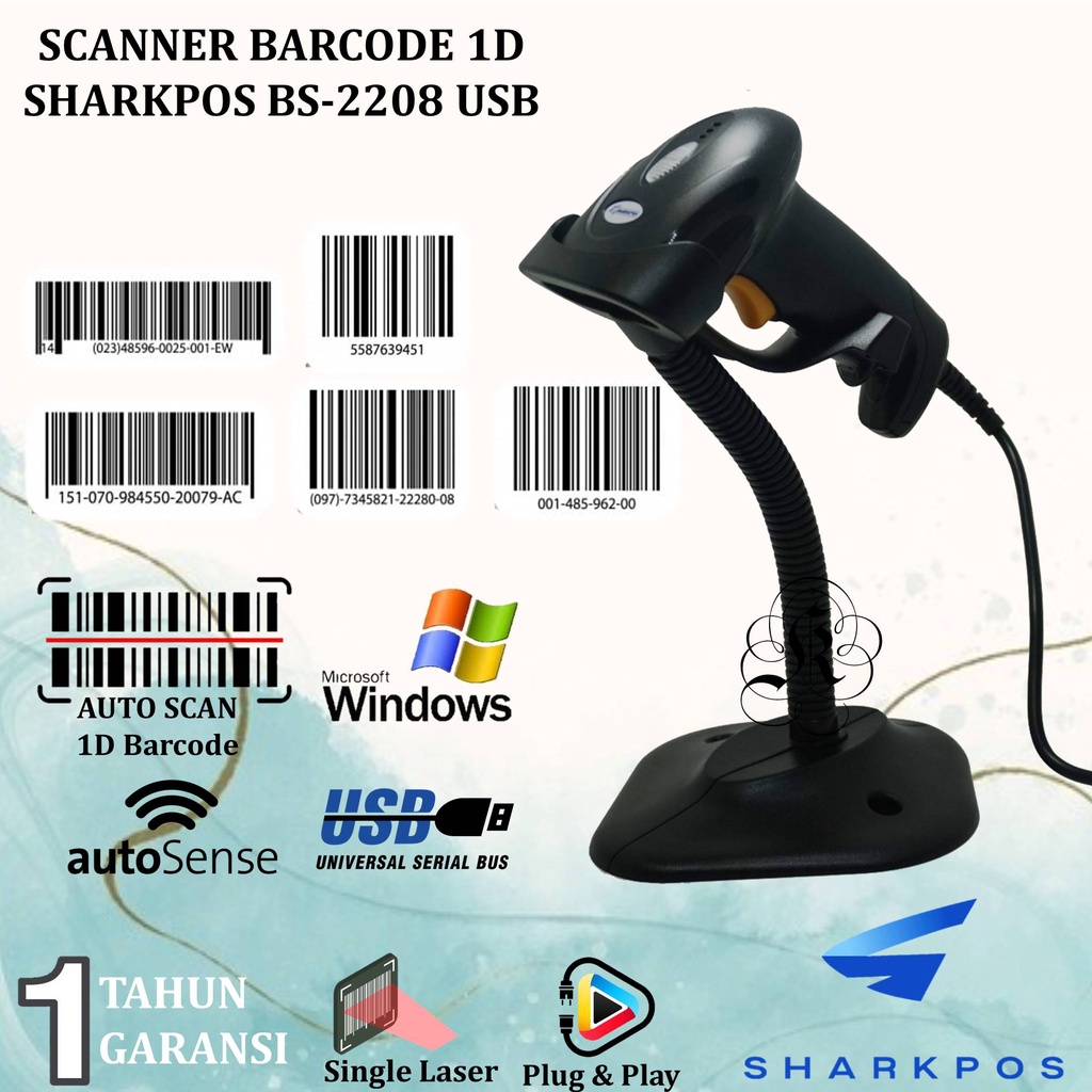 Barcode Scanner 1D Sharkpos BS2208 / BS2008 / BS2108 USB Scan Barcode Minimarket Resi JNE/JNT