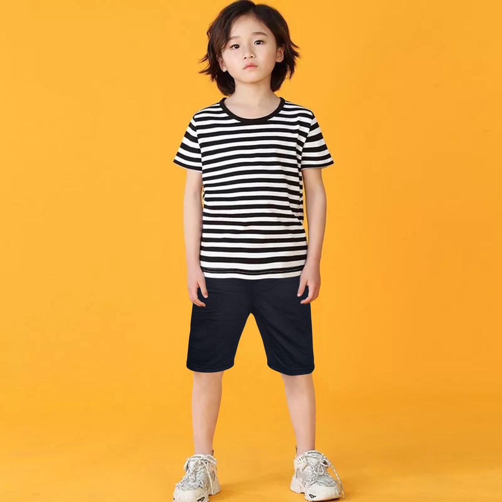 Setelan Celana Pendek Atau Kaos Atasan Salur Spandex Lengan Pendek Anak Usia 1 Tahun Sampai 12 Tahun