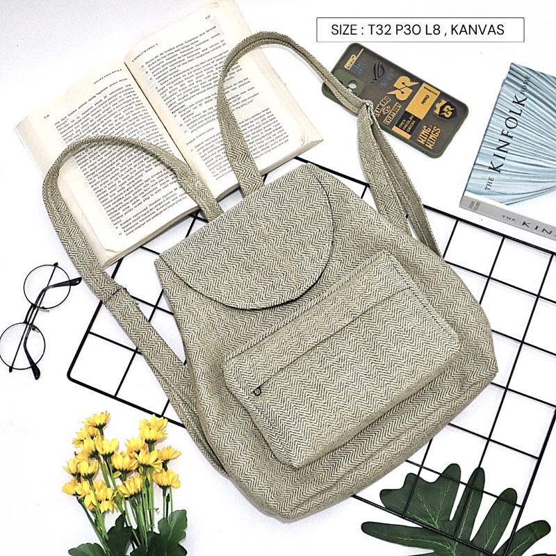 Bayar di Tempat COD Tas Ransel Serut Bahan Kanvas KANTONG Depan Ukuran Medium tas punggung wanita-Warna 695