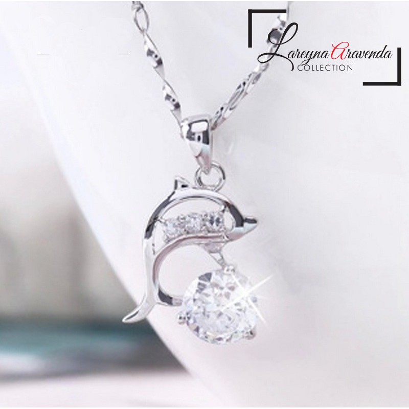 Kalung Titanium + Liontin Wanita Model Dolphin Kristal Crystal KL051