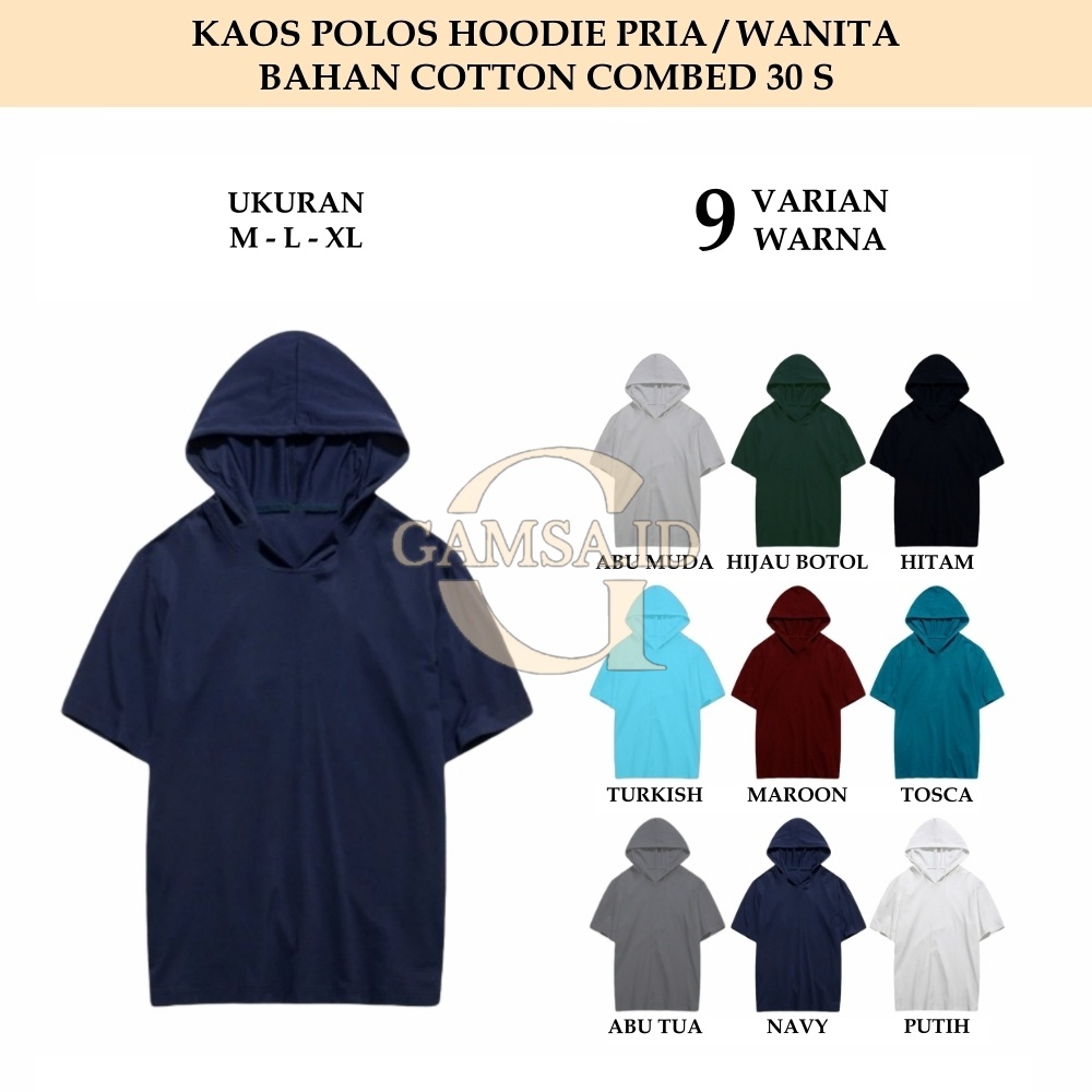 KAOS HOODIE POLOS LENGAN PENDEK BAHAN COTTON COMBED 30S BAJU HODIE KUPLUK PRIA WANITA