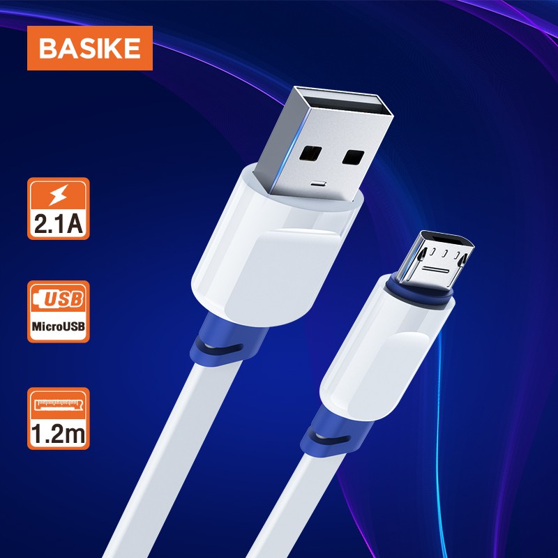 BASIKE Kabel Data Fast charging Micro USB cable for Android phone Tangle-free Docking Nylon 100CM xiaomi Samsung Oppo Vivo hp murah Realme Redmi infinix Ipad Gadgets-CT319K-1V WHITE