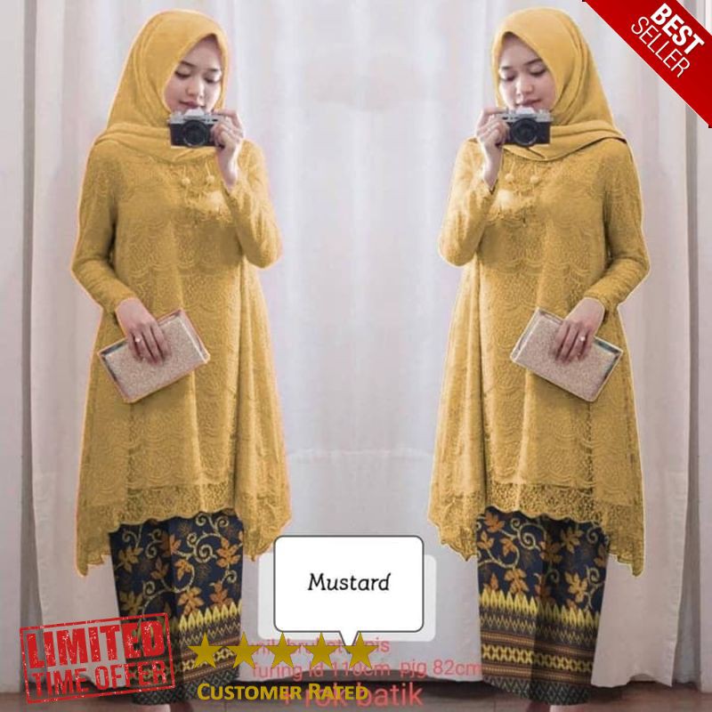 MURAH setelan kebaya wisuda tunik fitri mustard brukat baju pesta st vt