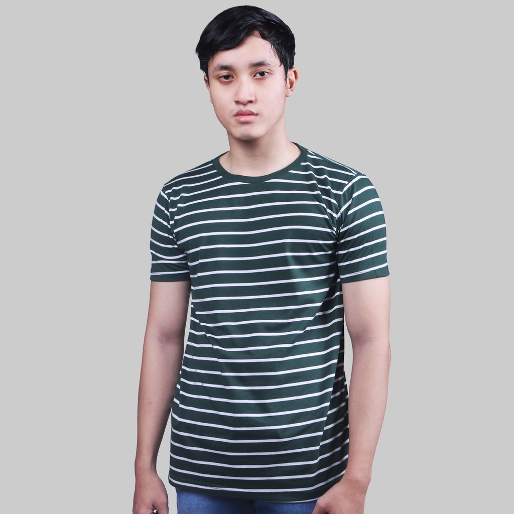 REFFERALL - Kaos Pria Stripe Hijau Putih / T-shirt Stripe Basic Round Neck / Kaos Salur