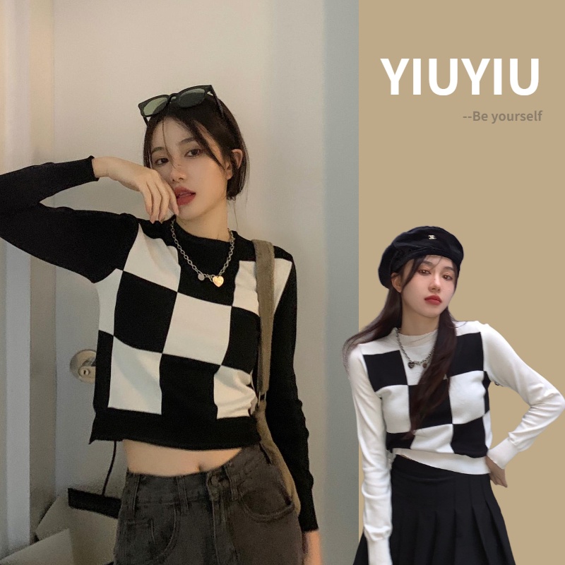 YIU YIU Rajut - Korean Sweater Crop Rajut Kotak Kotak Lengan Panjang Wanita