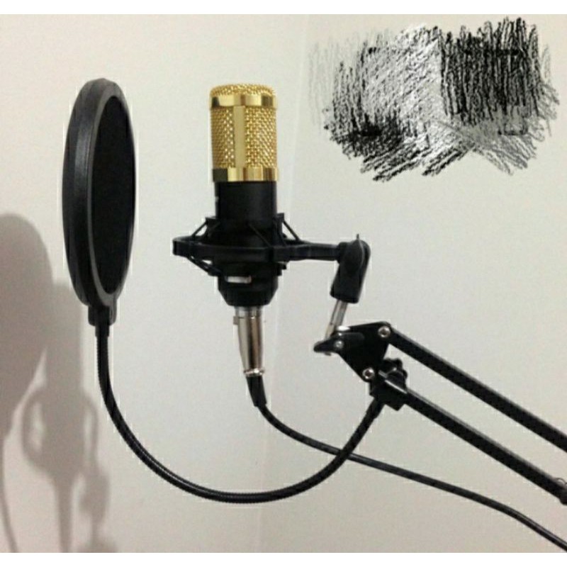 Full Paket Komplit Recording Microphone BM800 Stand Mic+Pop Filter