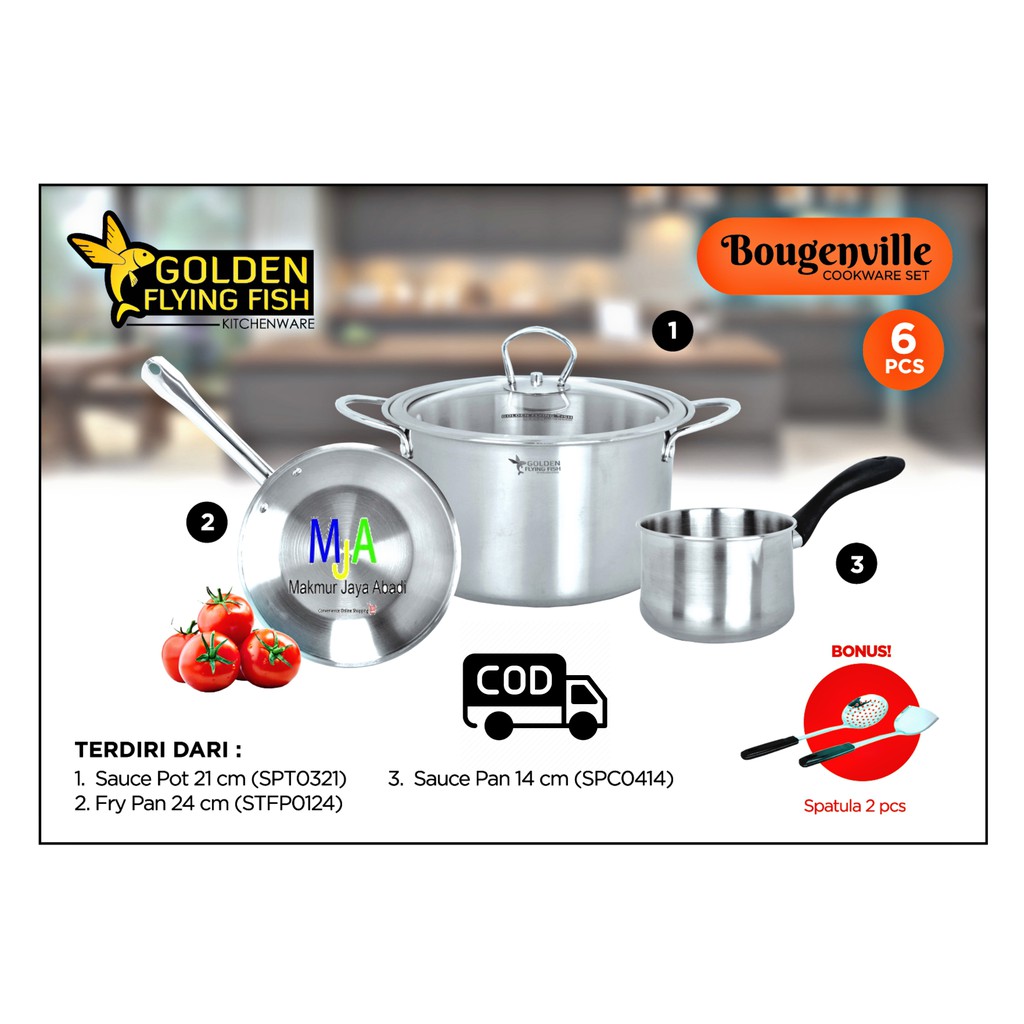 (BISA COD) PROMO Panci Set Golden Flying Fish Cookware Set Bougenville 6pcs STAINLESS STEEL Premium