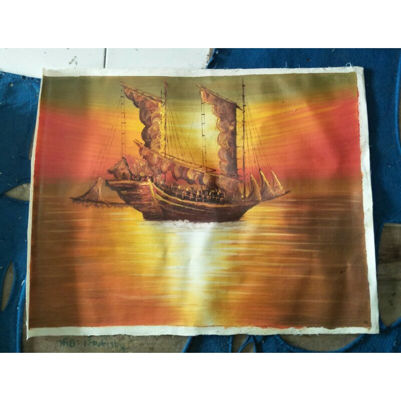 Lukisan Asli Kapal Waktu Senja Diatas Kanvas