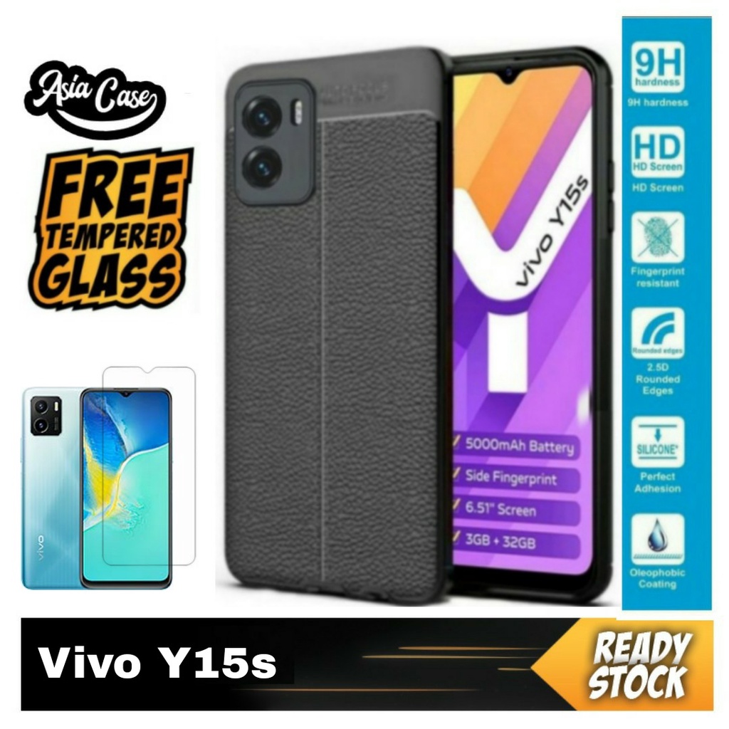 Soft Case VIVO Y15s Free Tempered Glass Bening Casing Auto Focus Leather