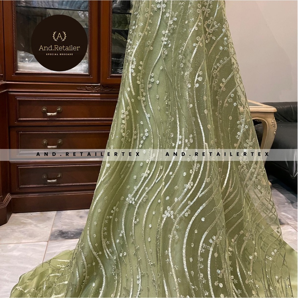 Bahan Kebaya Brokat Premium Tile Bordir Gloria Luxury Edition Warna Sage Green