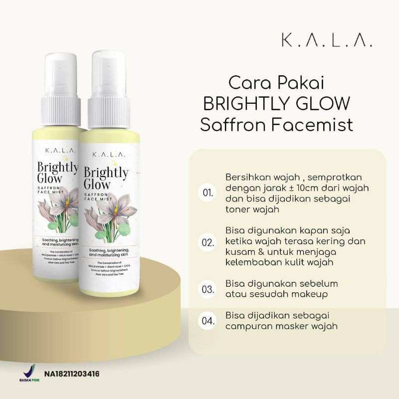 [DIST RESMI KAB BANDUNG] BRIGHTLY GLOW SAFFRON FACEMIST BY K.A.L.A WITH NIACINAMIDE + SAFFRON + AIR ZAM ZAM