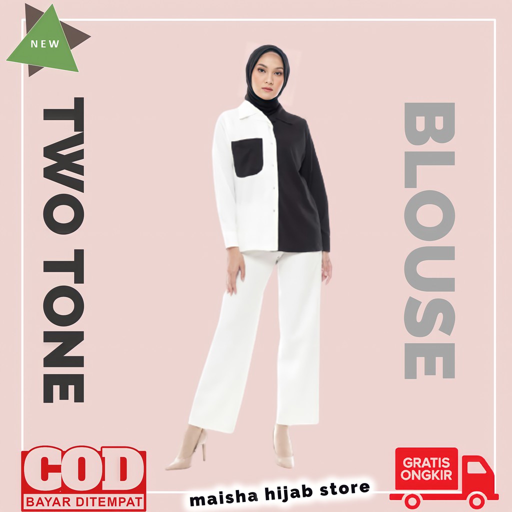 Atasan Blouse Wanita Muslim Lengan Panjang Busui Jumbo Terbaru Two Tone Blouse Bluse Blus Zaskia Zm