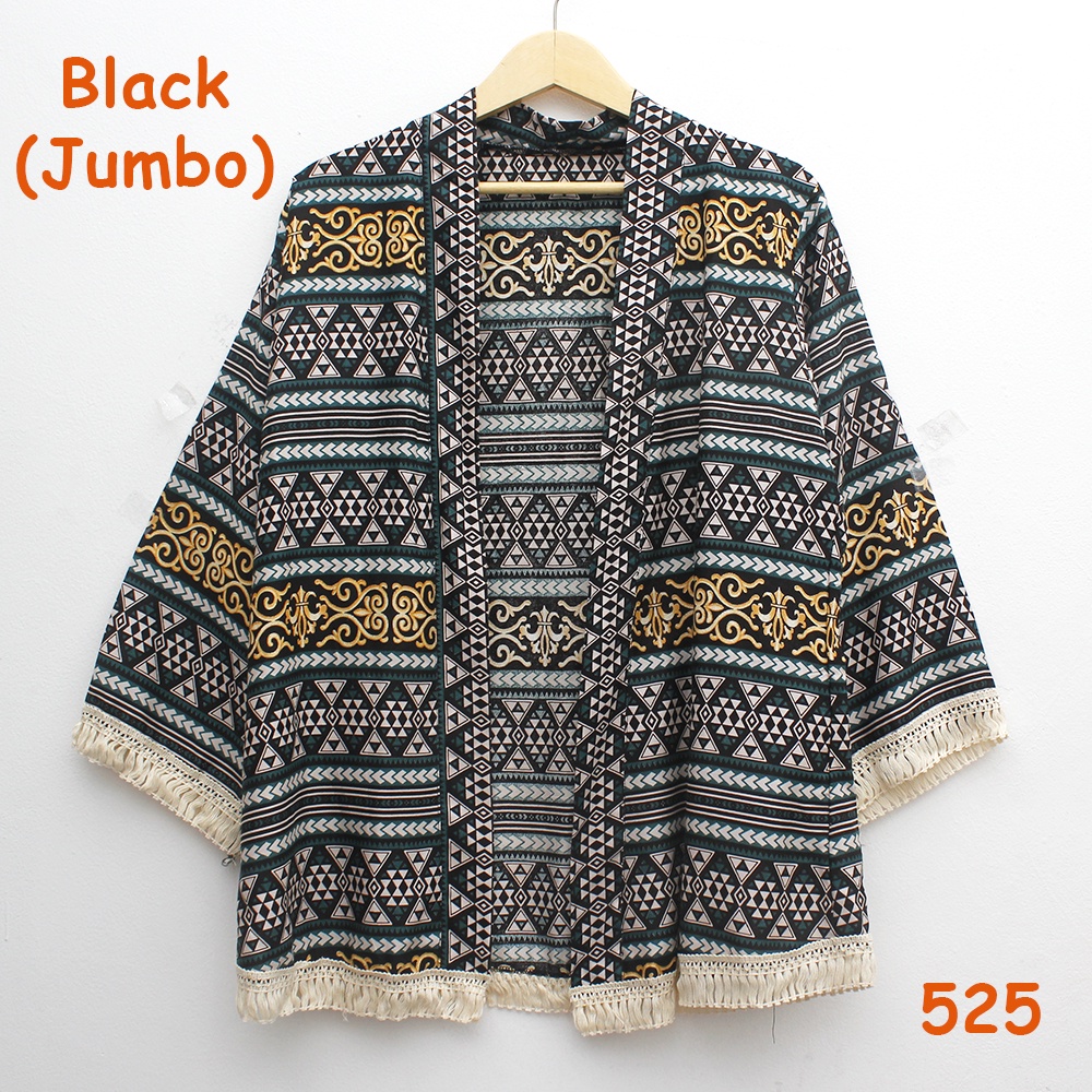 𝑱𝒂𝒌𝒂𝒓𝒕𝒂𝑭𝒂𝒔𝒉𝒊𝒐𝒏 cardigan outer batik tribal katun adem rumbai sisir keliling bohemian etnik boho styleO-525 Black (JUMBO)