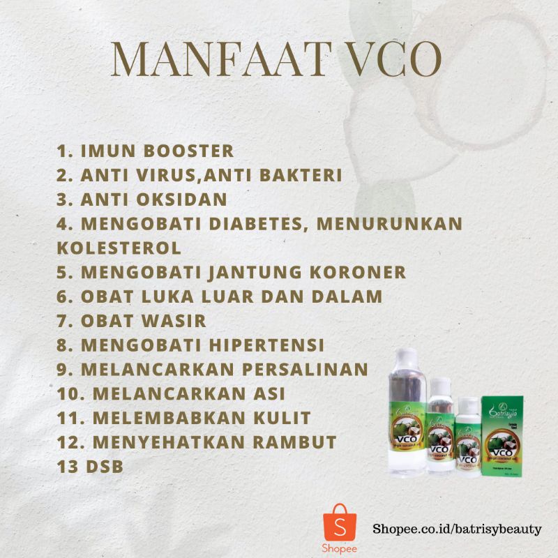 Batrisyia virgin coconut Oil / VCO / minyak kelapa murni/minyak VICO kapsul 60 ml 100 ml 250 ml/VCO/Virgin Coconut oil batrisyia herbal