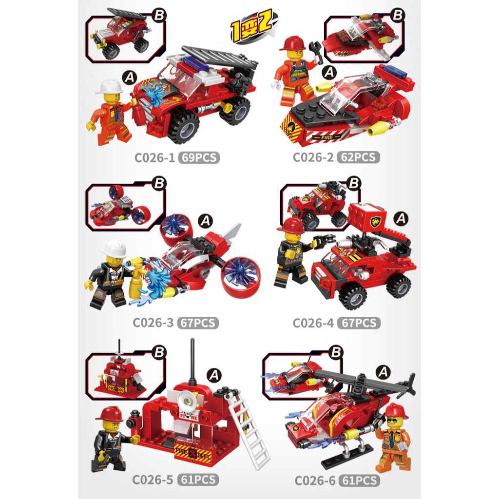 [FUNNY]387pcs Mainan Balok Susun Pemadam Kebakaran 6 in 1 / Balok Susun Model Fire Fighter