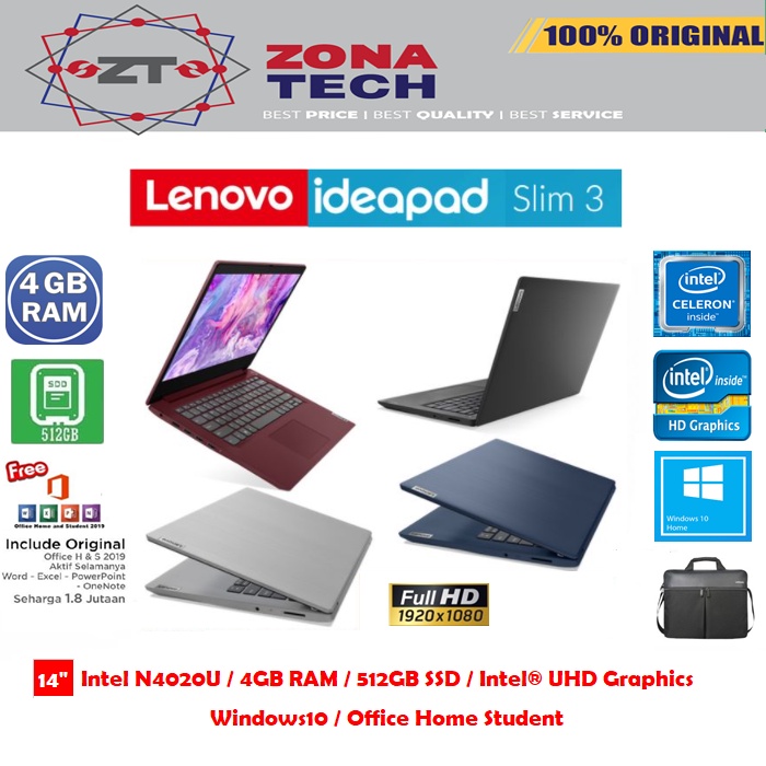 LAPTOP LENOVO IDEAPAD SLIM 3 - INTEL N4020 - 4GB - 512GB SSD - 14